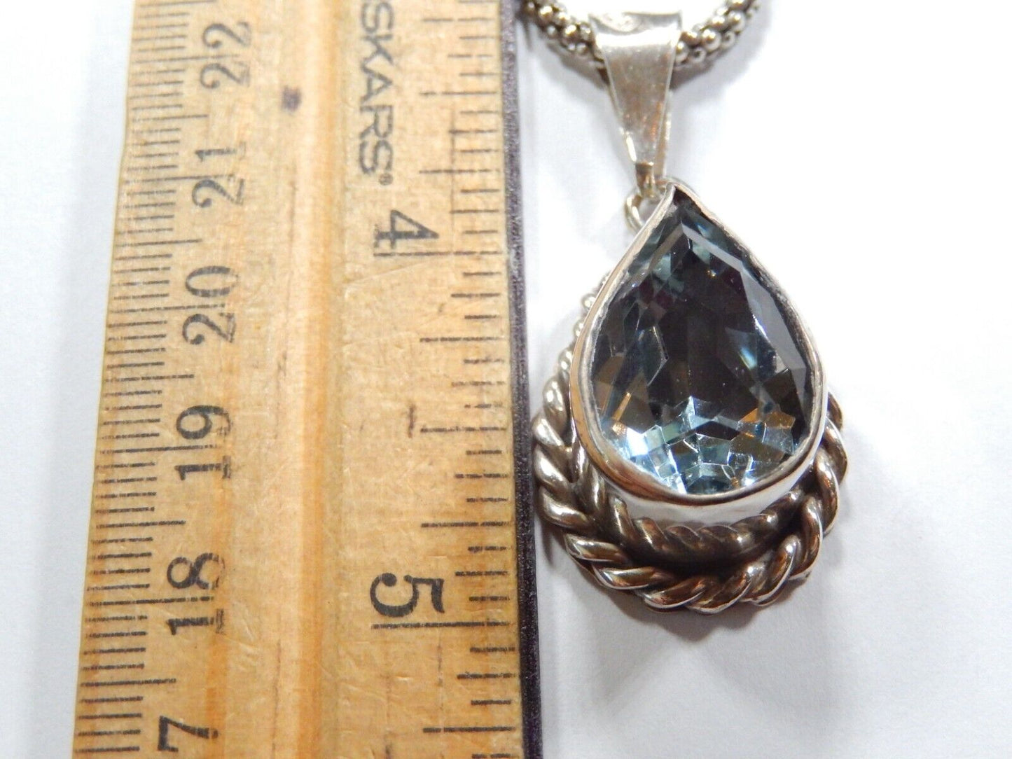 *VINTAGE* Mexico Large Sterling Silver 12.0 CT Blue Topaz Pendant w/20" Lg Chain