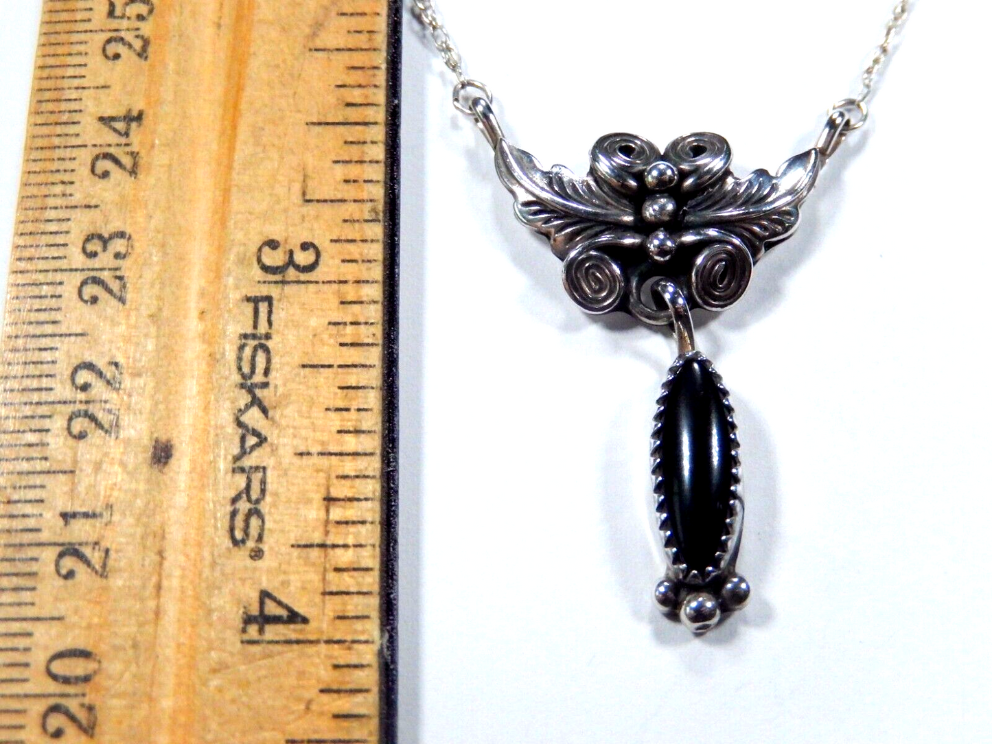 20" Sterling Black Onyx Native American Necklace Signed "RB" ( Running Bear )