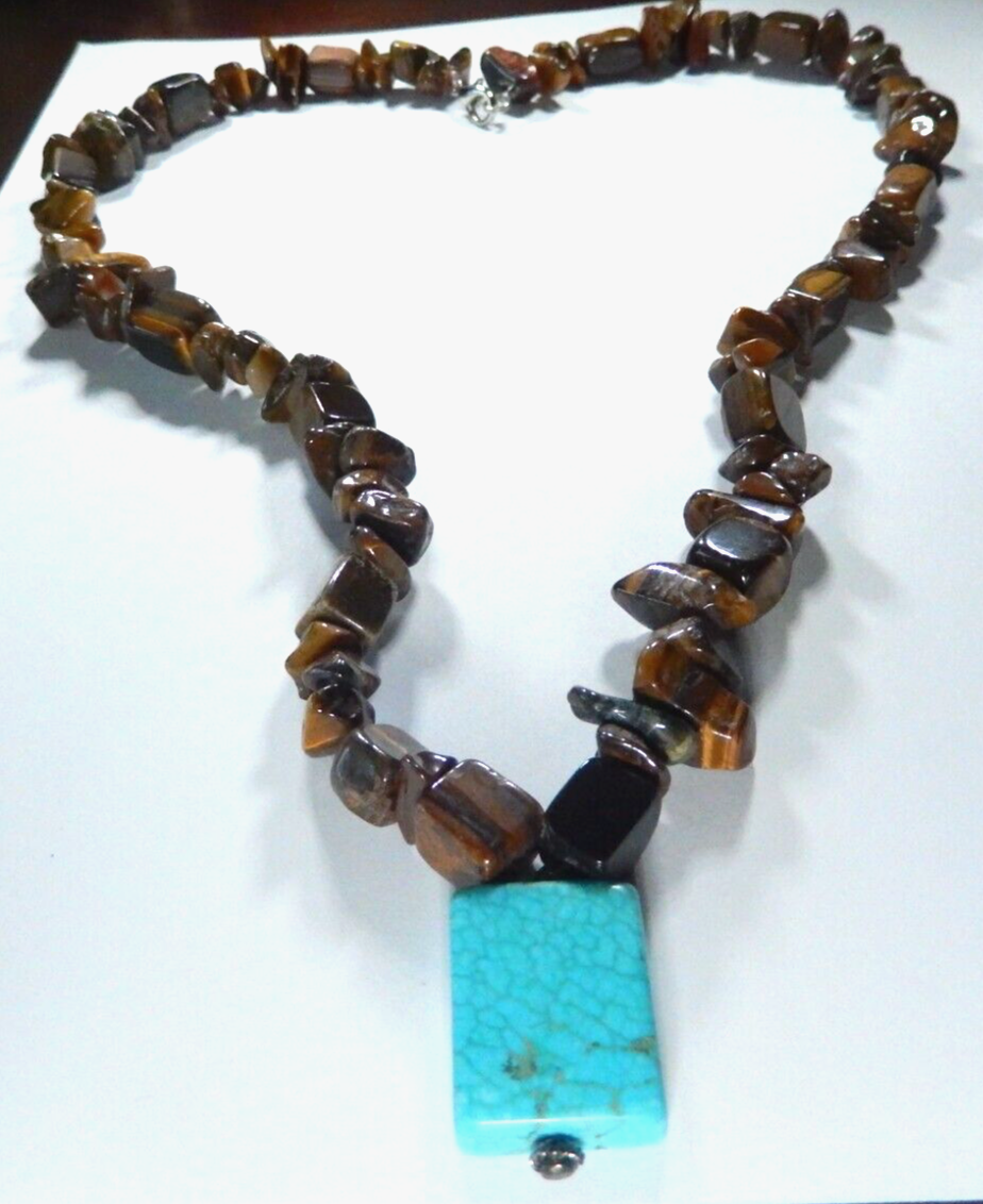 *VIVTAGE* Genuine Tiger Eye Beads and Faux Turquoise 24" Necklace
