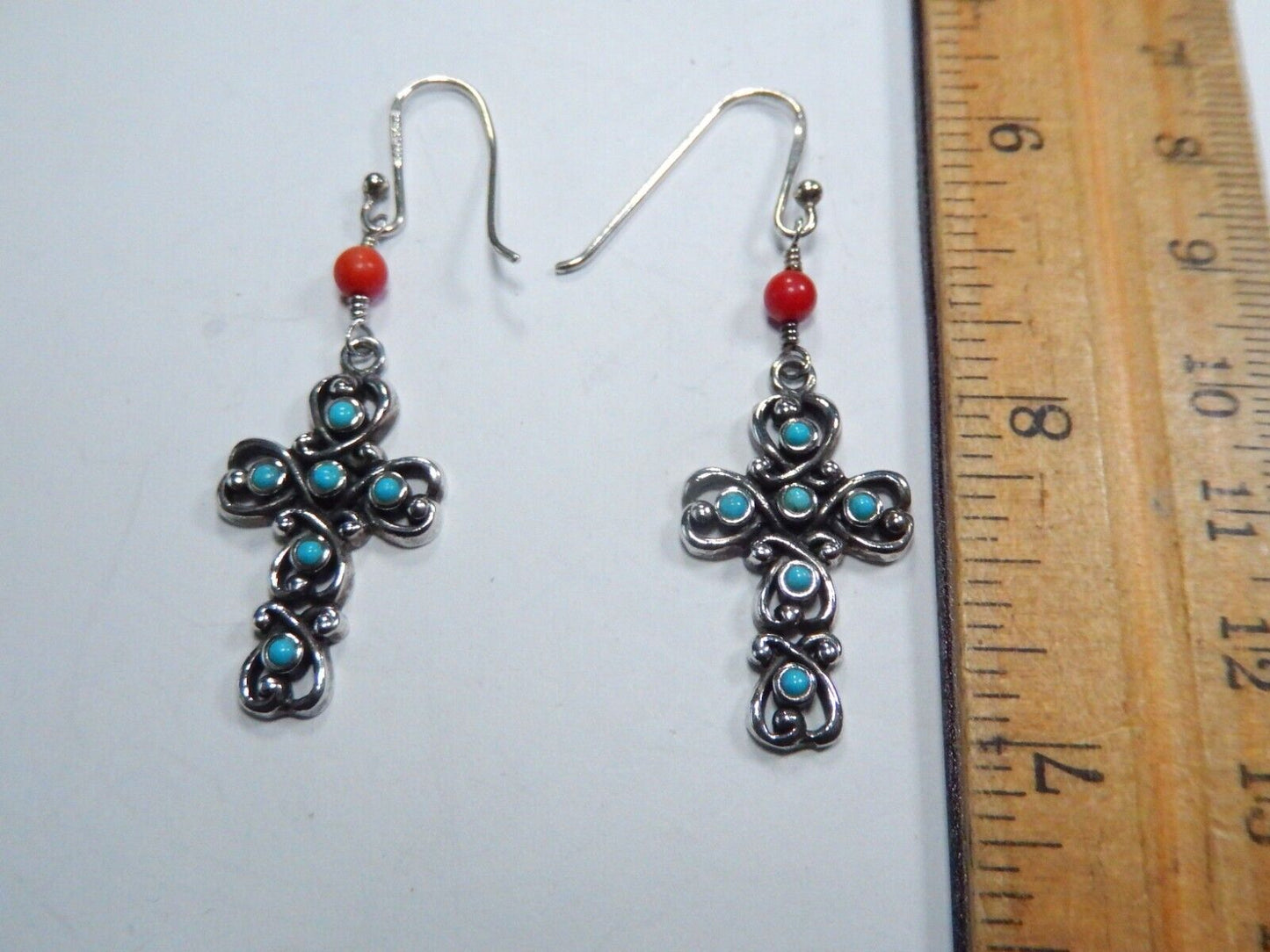 SOUTHWEST 925 Sterling Silver Turquoise & Coral Cross Dangle Earrings 2-1/4"