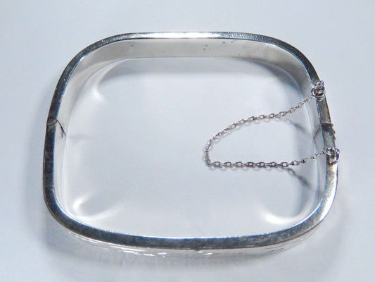 Vintage Sterling Silver Square 7mm Hinged Cuff Bangle Bracelet Etched 7 Inch
