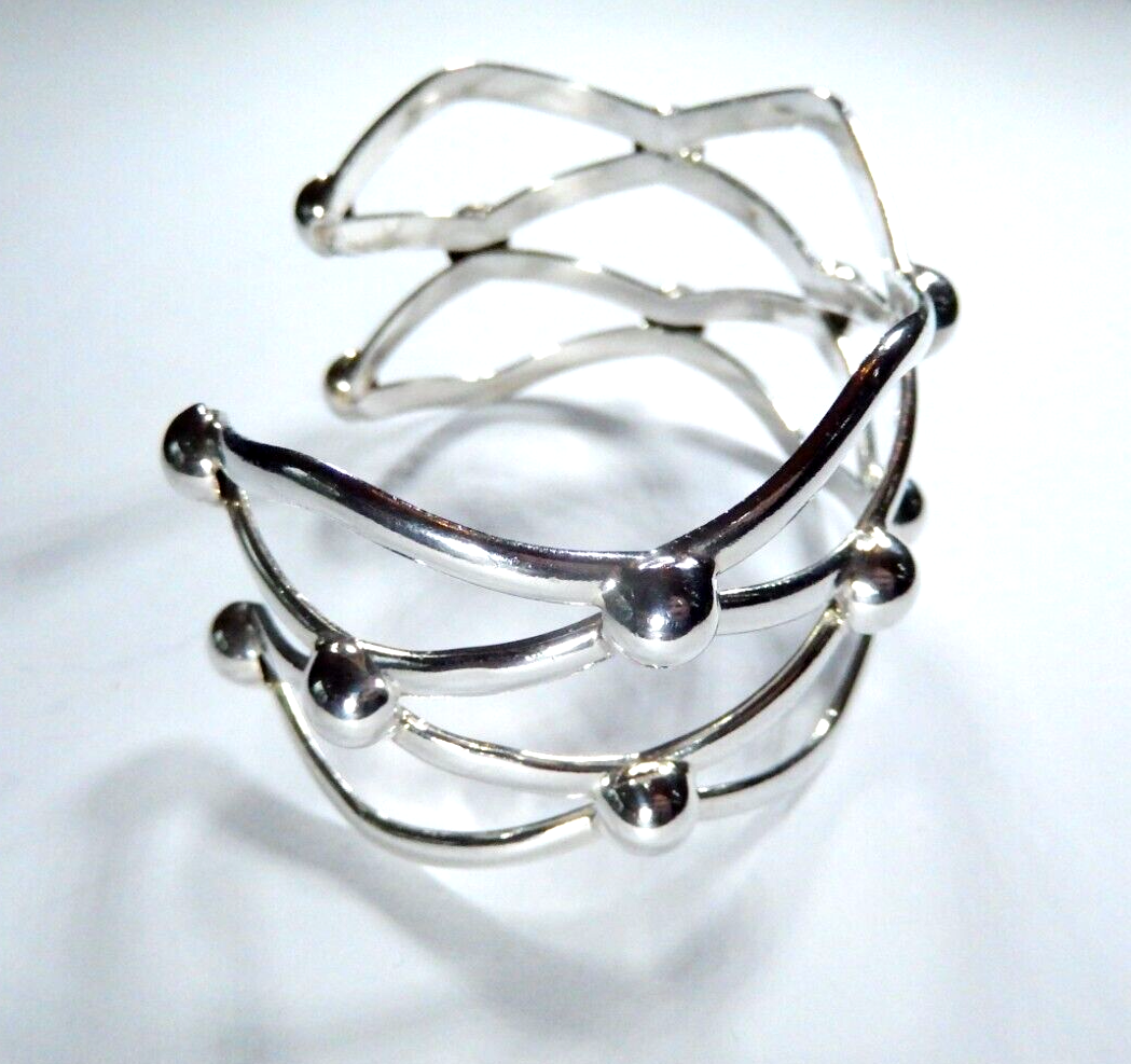*VINTAGE* Open Bead Ball Bar Wide Modernist Sterling Chunky Design Bracelet 35gm