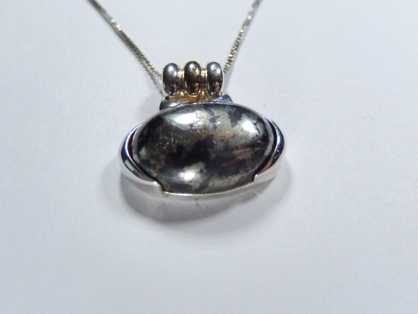 Ross Simon Sterling Silver Cabochon Black & Gold Gemstone Pendant w/18" Chain