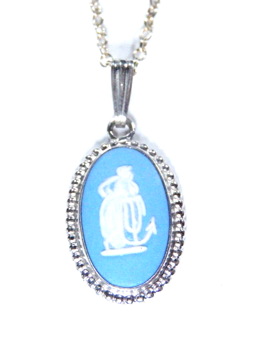 Antique Wedgwood Small Jasperware Sterling Silver Pendant Made In England w/18"C