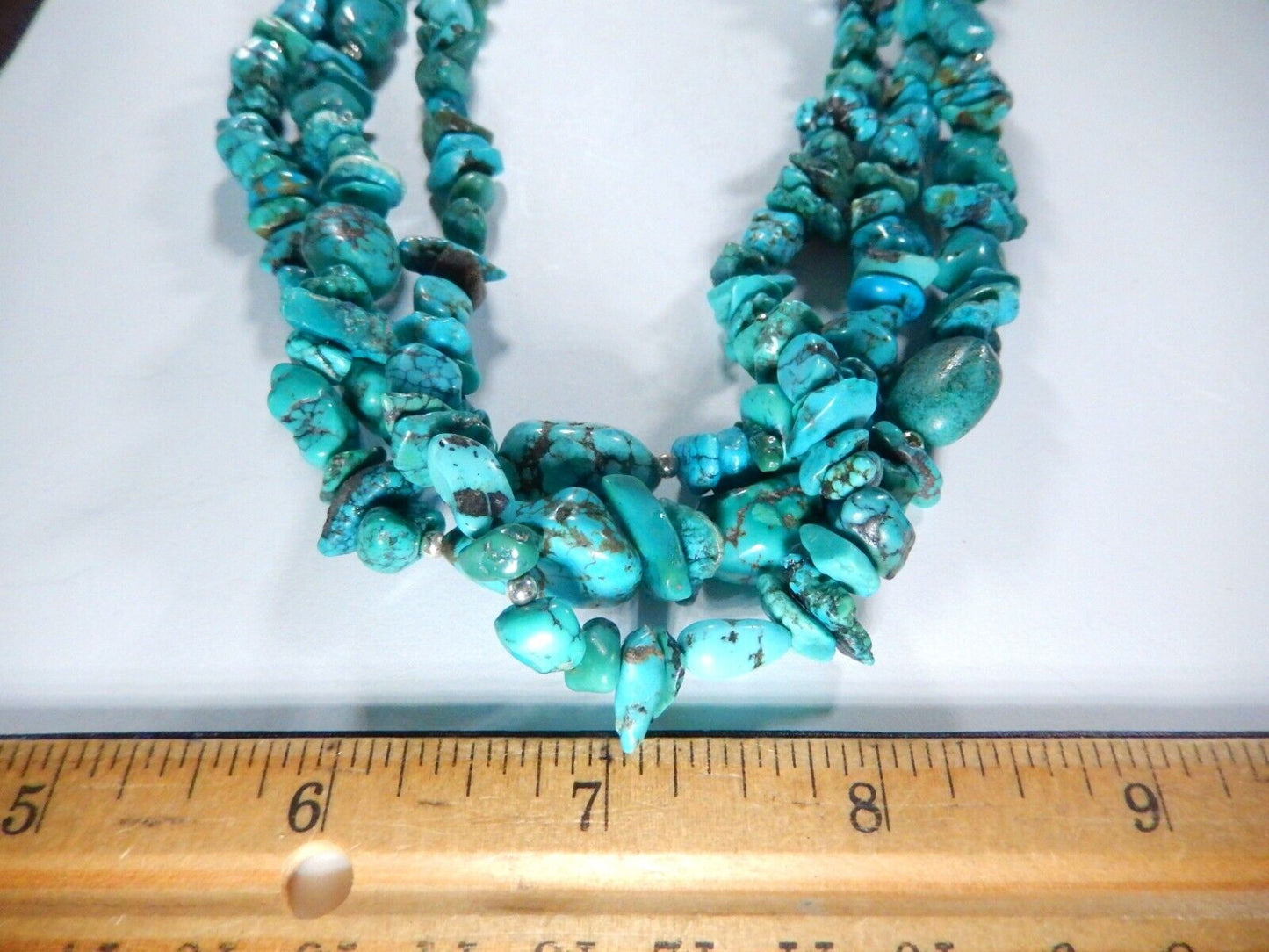 *VINTAGE*  Three Strand Turquoise Nuggets Sterling Silver Necklace 16” - 18”
