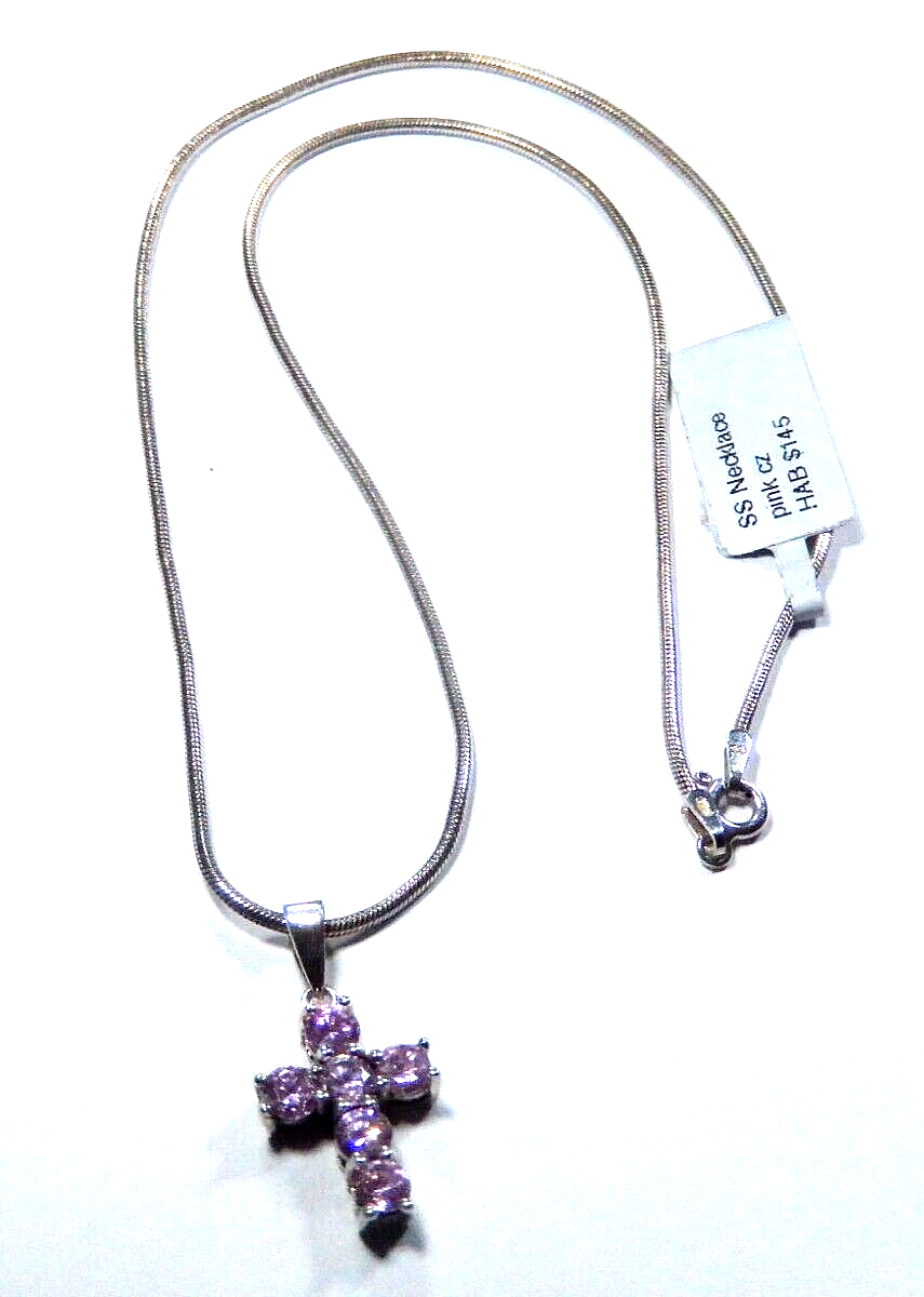 *VINTAGE* Sterling Silver Lab-Created Pink Sapphire Cross Pendant w/16" CHain