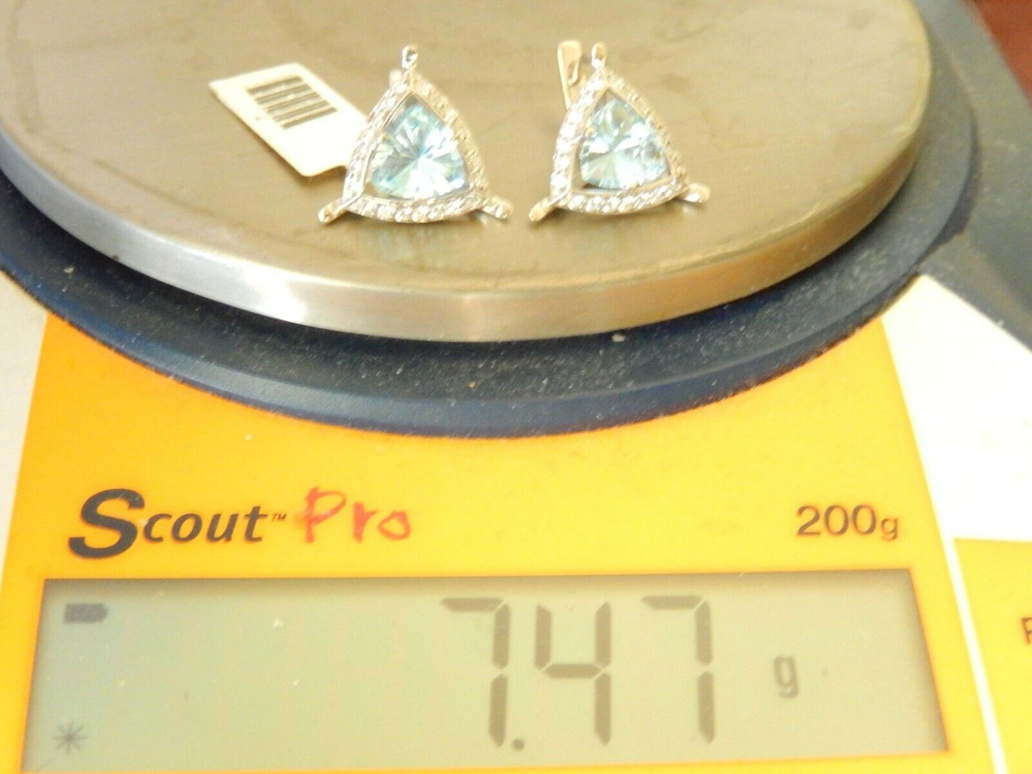 Stamped .585 White Gold Triangle Cut Blue Stone Earrings Weighing approx. 7.47gm