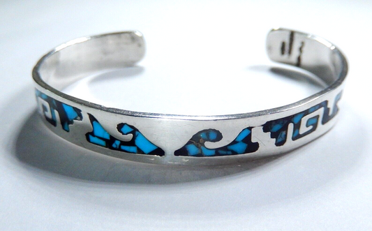 *VINTAGE* TAXCO Sterling Silver and Turquoise INLAY Cuff Bracelet 21.4 GMS