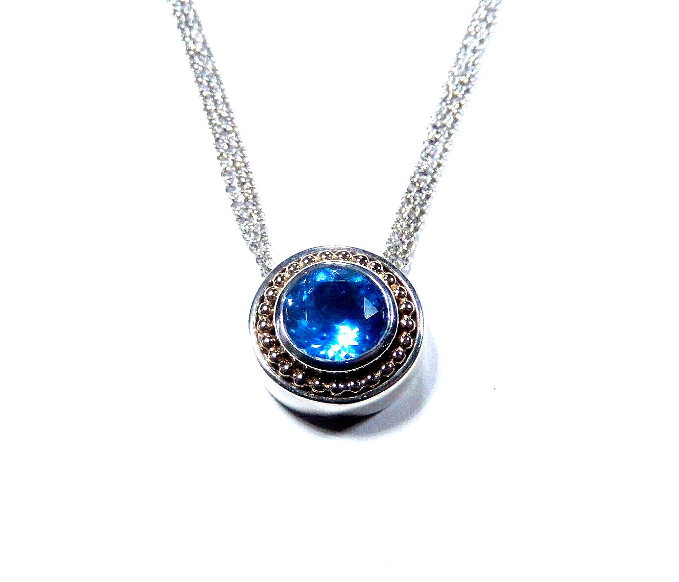 10mm RD Blue Topaz 14K Yellow Gold 925 Sterling Silver Pendant 3 Strand Necklace