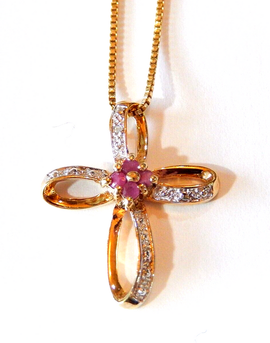 NWT Gold Vermeil 925 Ruby  Diamond Cross Pendant  18 Vermeil Chain