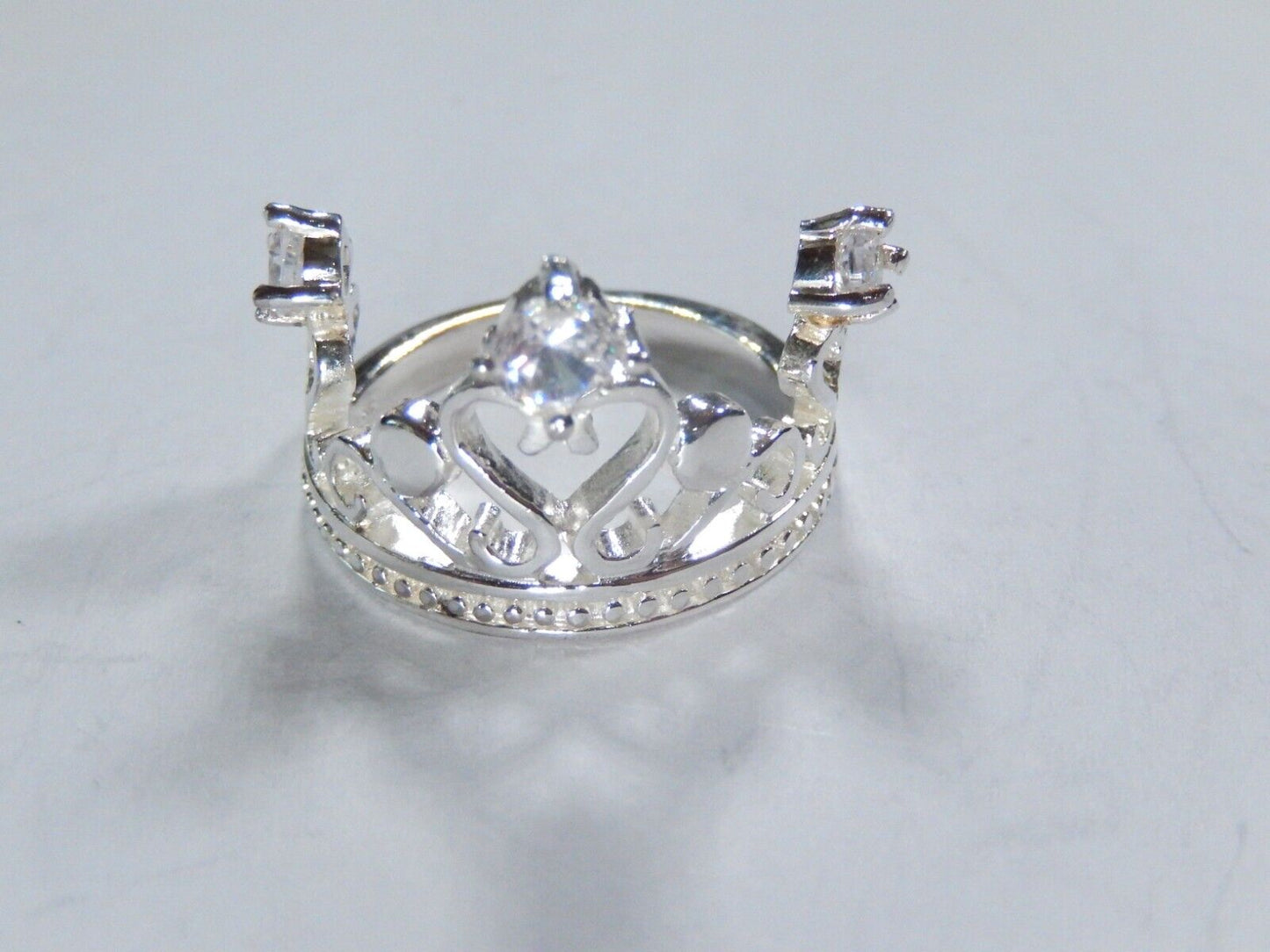 LARGE 925 Sterling Silver Three C Z Heart Crown Design Wide Ring Size 8.25