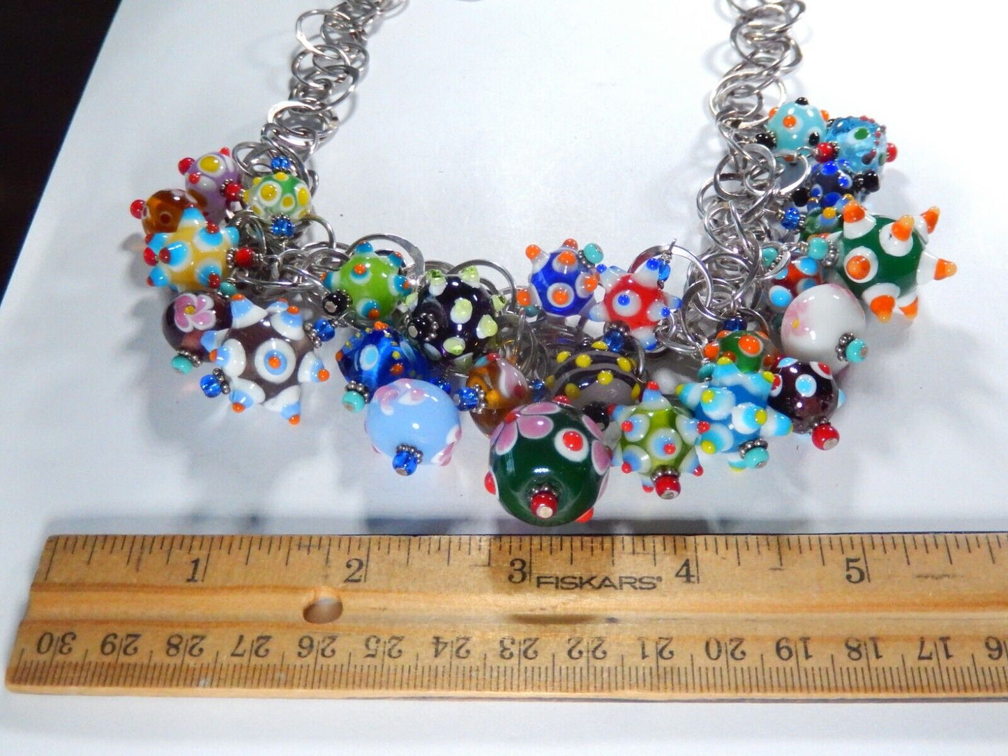 *VINTAGE* RARE  Sterling Silver Italian Murano Art Glass Bead Necklace 16”- 174g