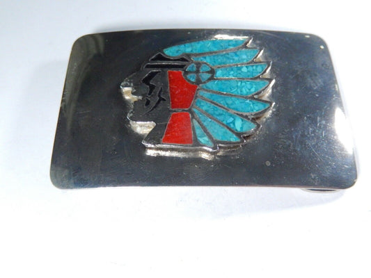 Vintage Native American Style Indian Chief Buckle Faux Turquoise&Faux Coral