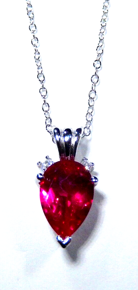 Sterling Silver 3.00 CT Pear Shaped Lab Red Ruby & CZ Pendant w/18" Ster. Chain