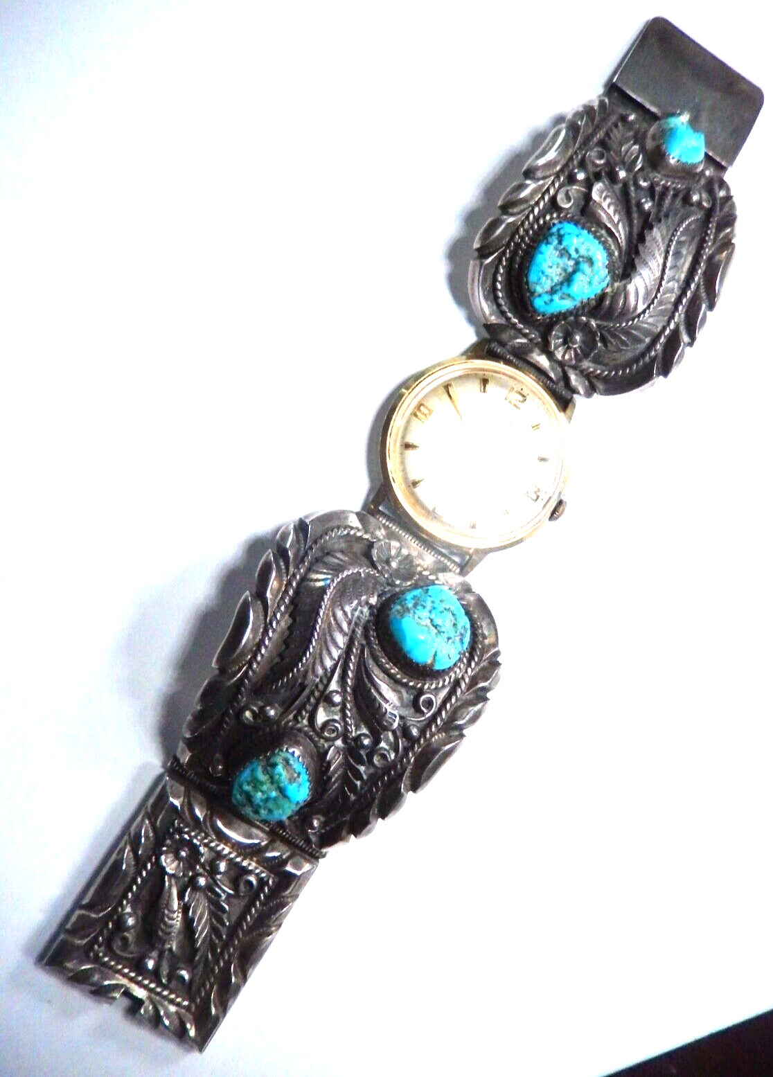 *VINTAGE* Navajo B. Nez Sterling Silver Turquoise Watch Bracelet  116.4 grams