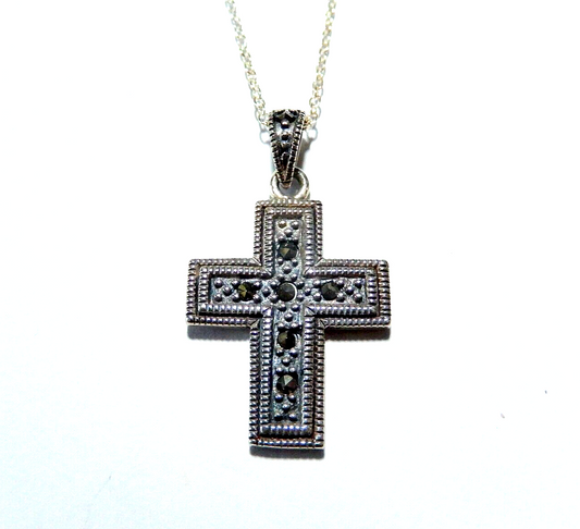Sterling Silver  Vintage Marcasite Religious Cross Pendant w18 Sterling Chain