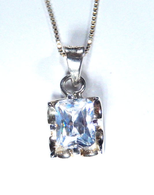 MEXICO STERLING SILVER 9MM X 7MM EMERALD CUT CZ SOLITAIRE PENDANT w/18" Chain