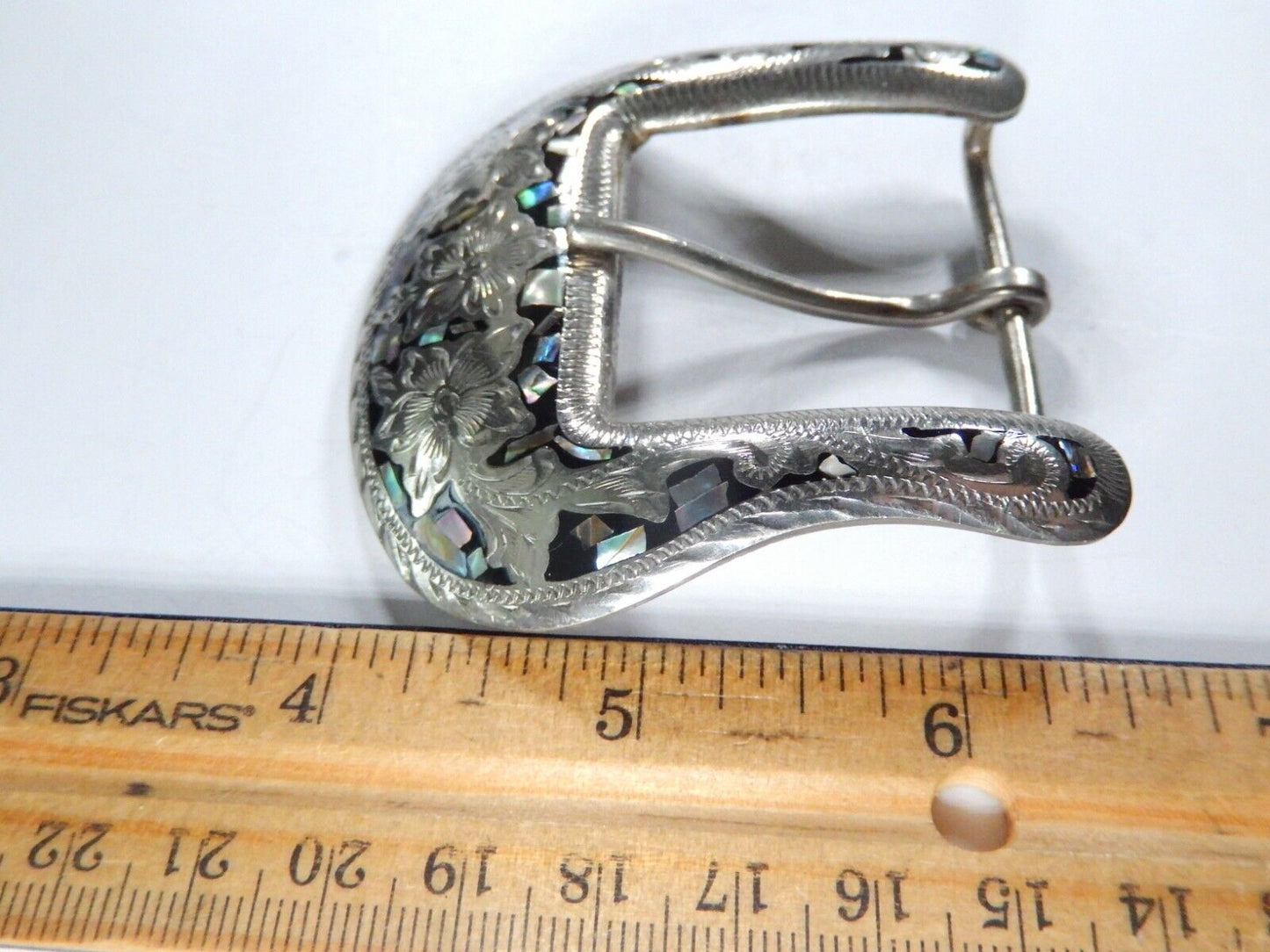VINTAGE- ALPACA MEXICO SILVER ABALONE / MOTHER OF PEARL INLAY BELT BUCKLE 1-1/2"