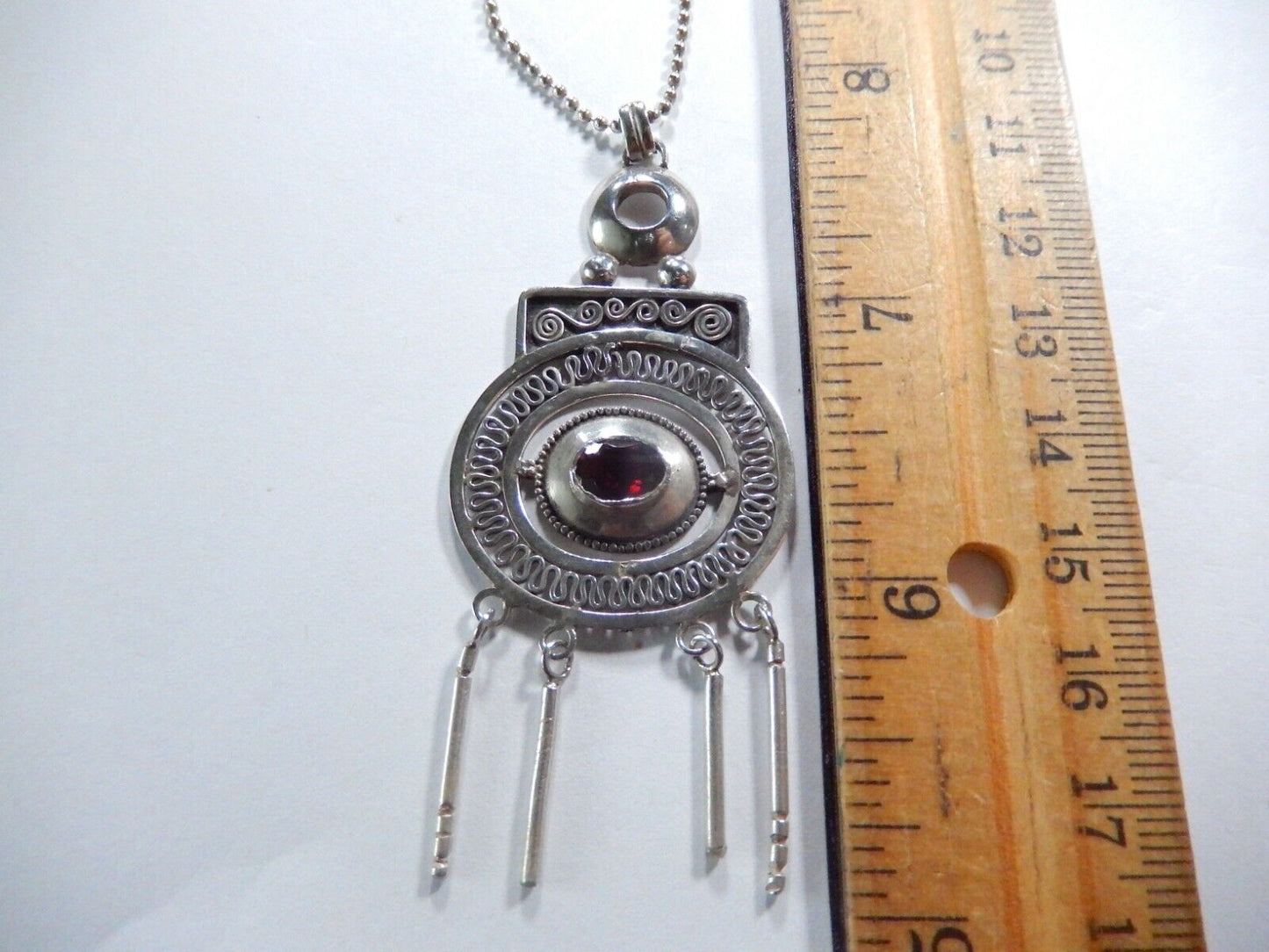 *VINTAGE* Sterling Silver Boho Art Deco 90s Garnet Pendant w/Bead-Ball 24"Chain