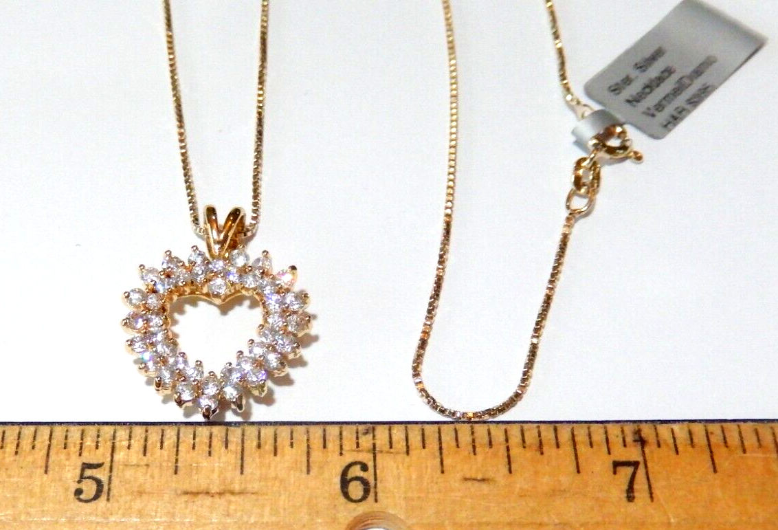 NWT 125CT Gold Vermeil Open Heart Cubic Zirconia Pendant w 18 Vermeil Chain
