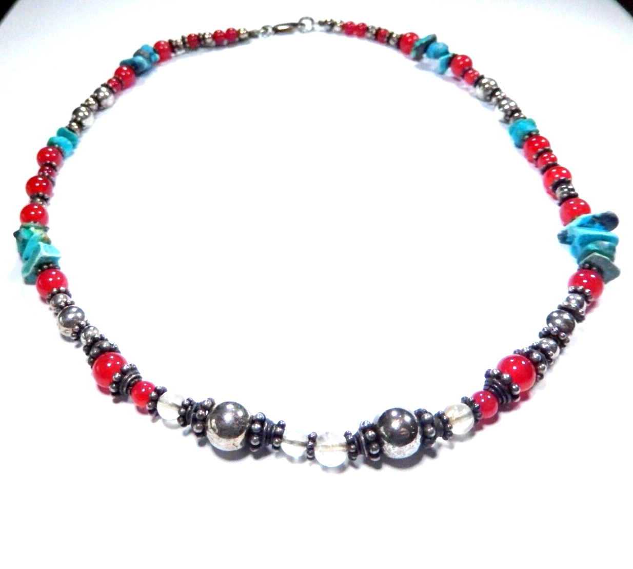 *VINTAGE* Turquoise & Carnelian & Silver Southwestern Beaded 17" Necklace
