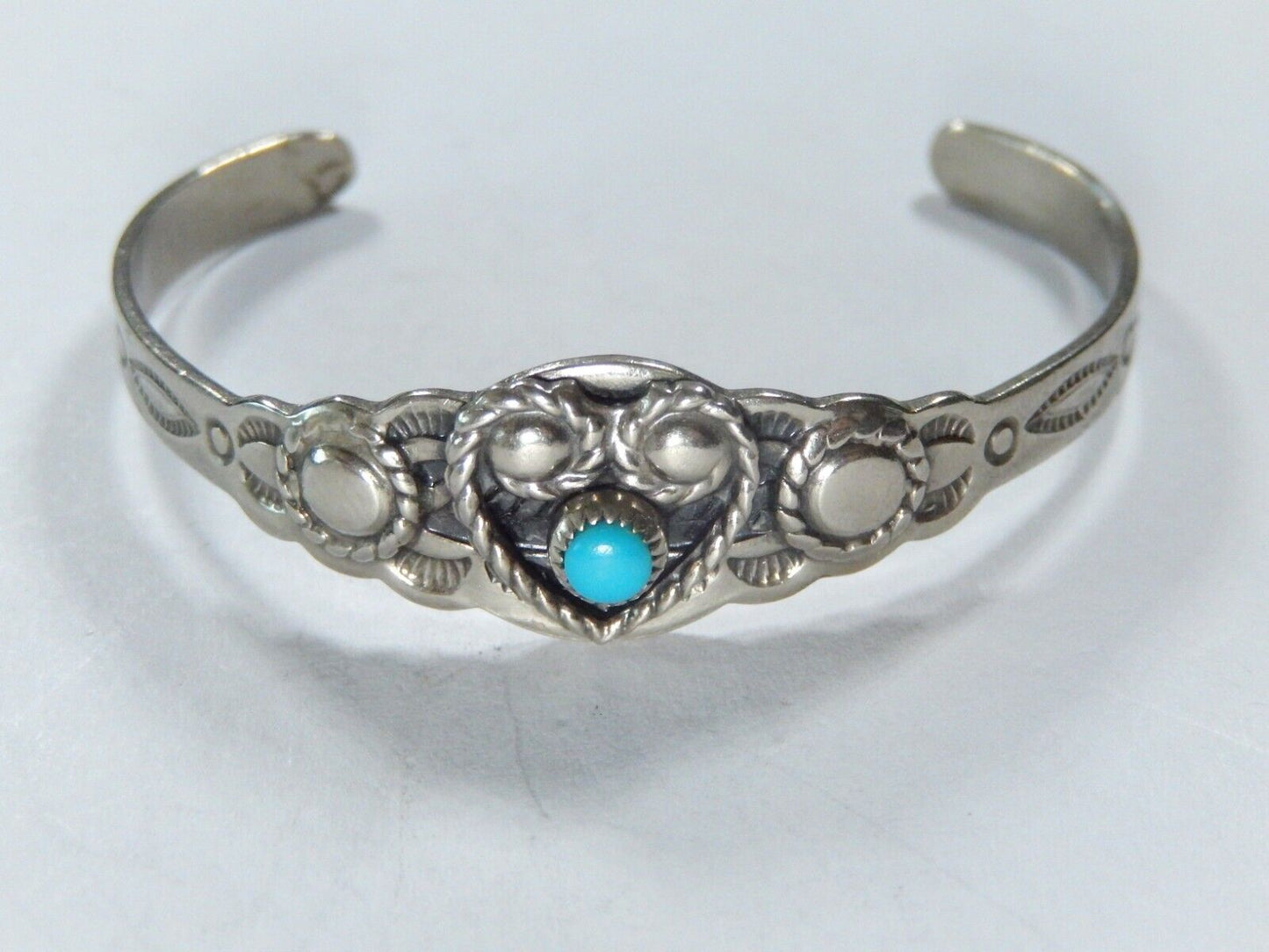 *VINTAGE* Small Vintage Childs Bell Nickel Silver & Turquoise Cuff Bracelet