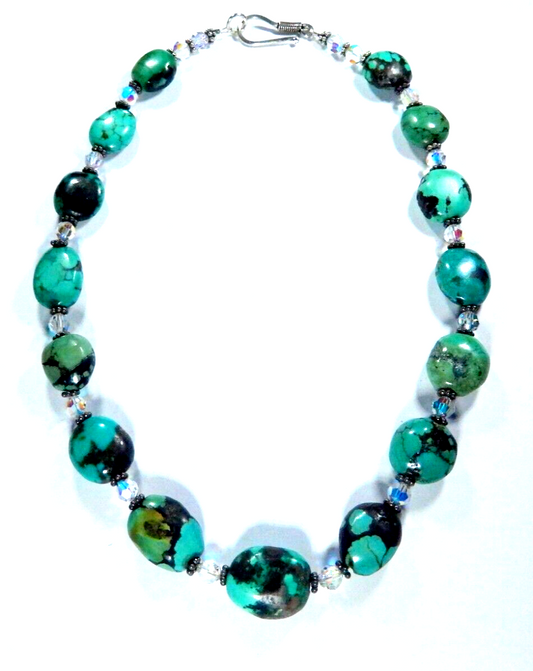 Natural Turquoise Beads With Crystal Beads Handmade Necklace 17"