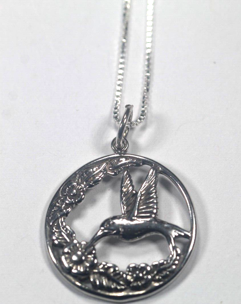 NEW Sterling Silver Hummingbird with Flowers Pendant - W/20" Box .925 Chain