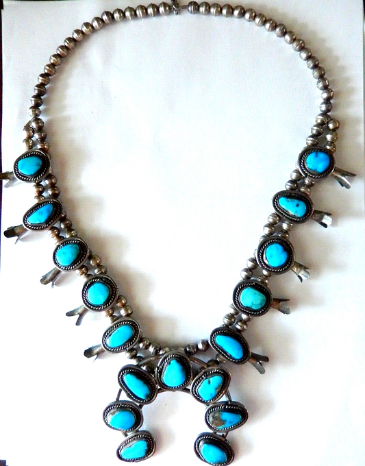 Vintage Navajo Sterling Silver & Turquoise Squash Blossom Necklace 155 gm - 24"