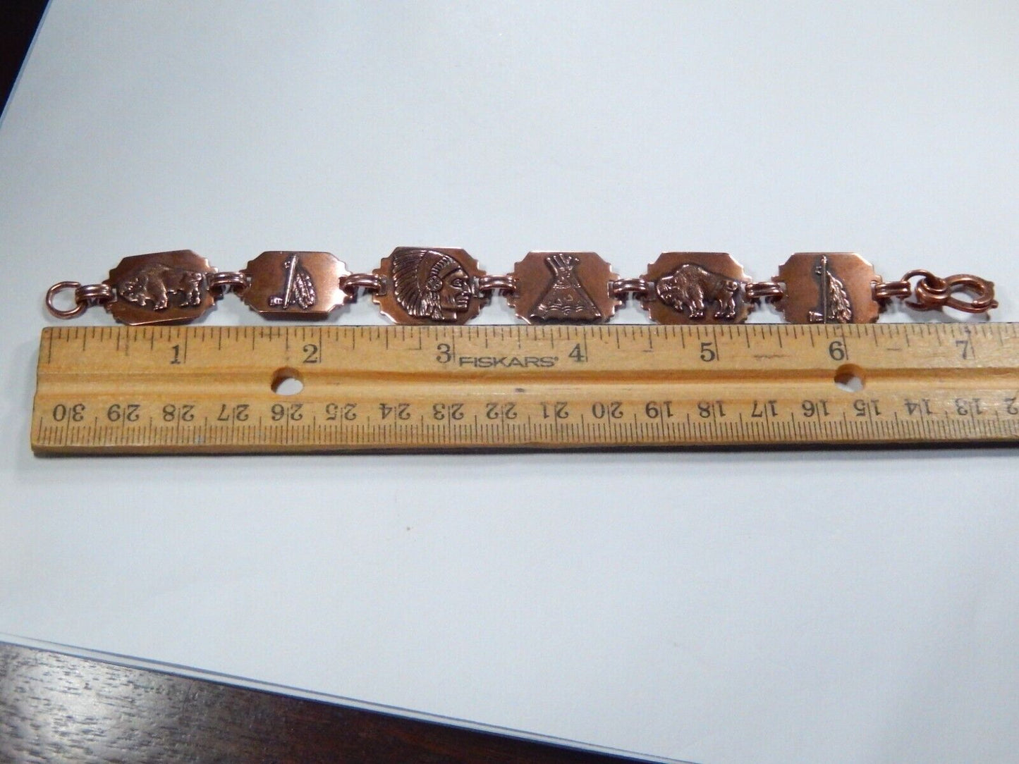 Vintage Southwest Copper Stamped Concho 6 Links Bracelet 7" Length