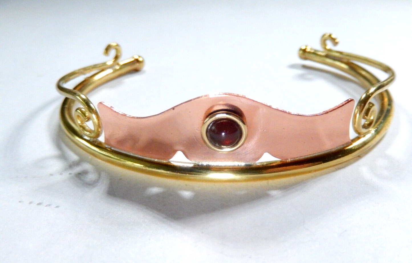VINTAGE -  Chris Anderson Brass & Copper  Garnet Stone Artisan Cuff Bracelet