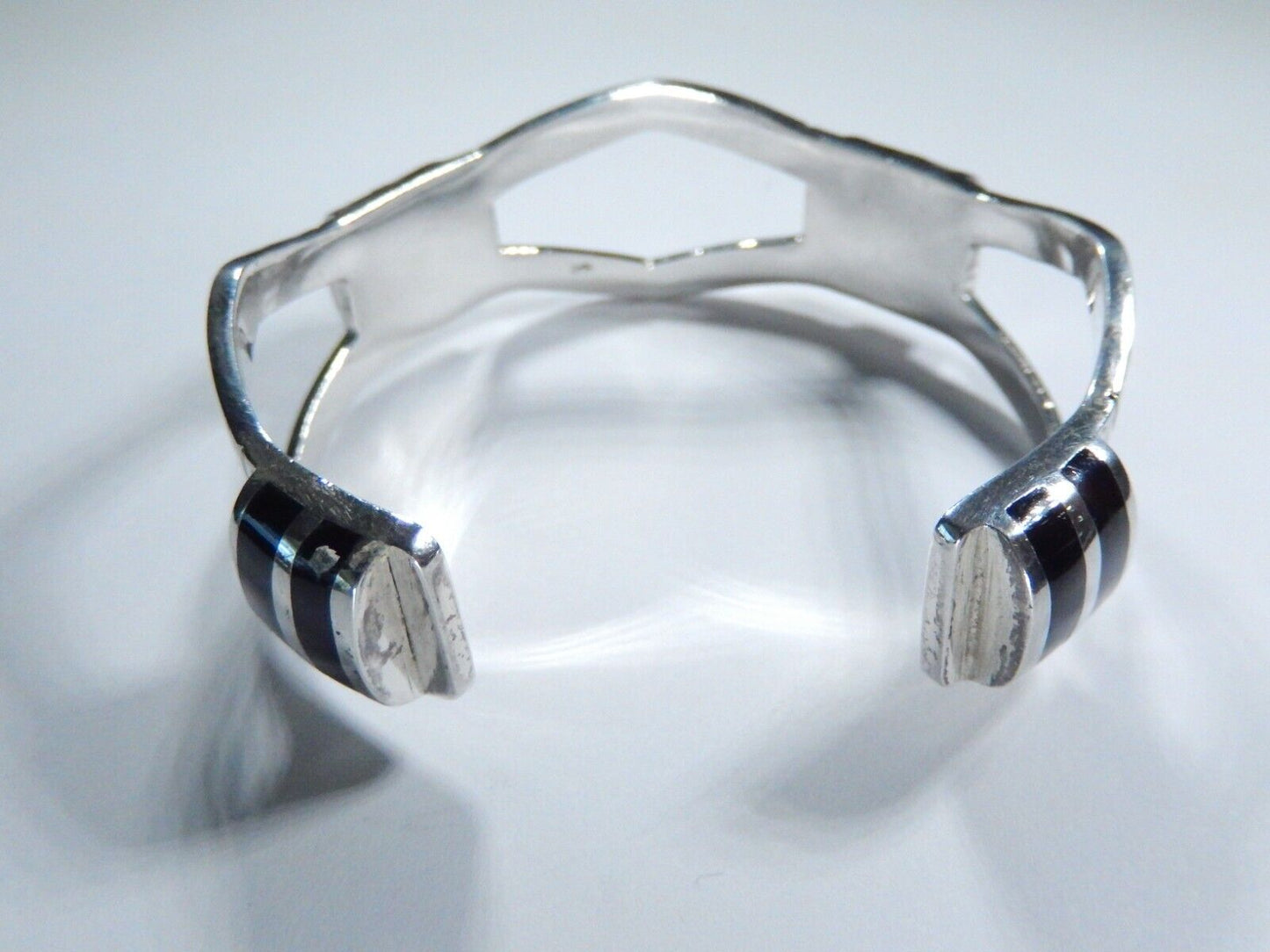 *VINTAGE*  Heavy Sterling Silver Black Onyx Cuff Modernist Retro Bracelet 45 gms