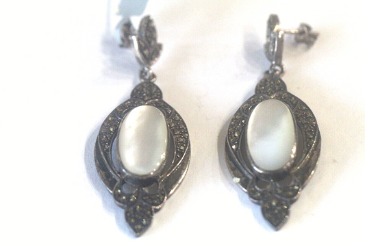 *VINTAGE*  Sterling Silver Mother-Of-Pearl & Marcasite  Ornate Dangling Earrings