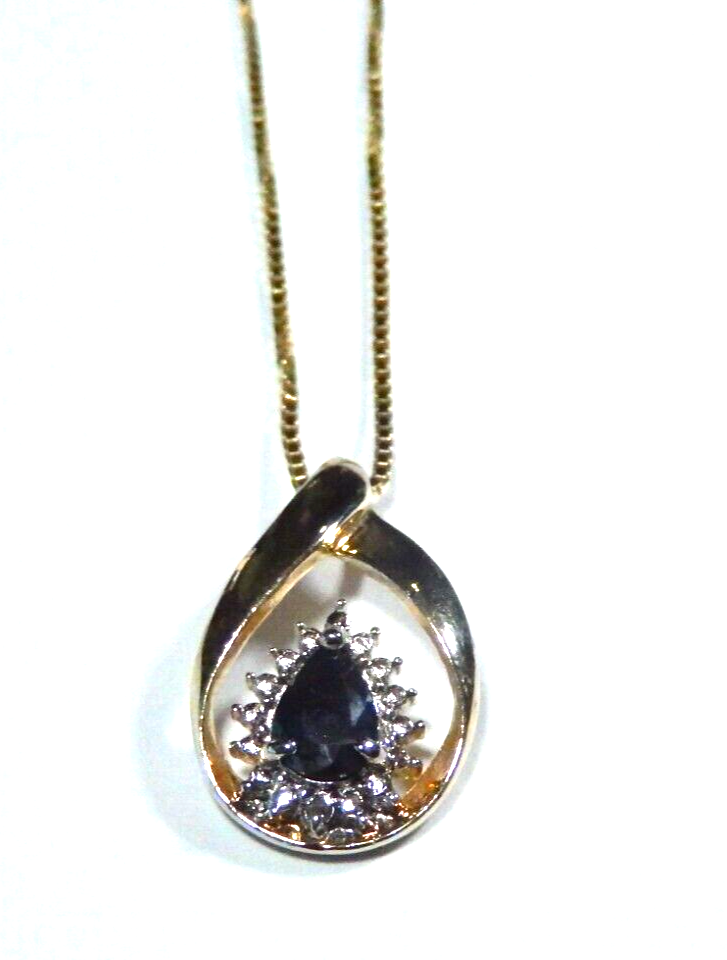 Ross Simons 925 Gold Vermeil Sapphire  Diamond Teardrop Pendant w18 Chain