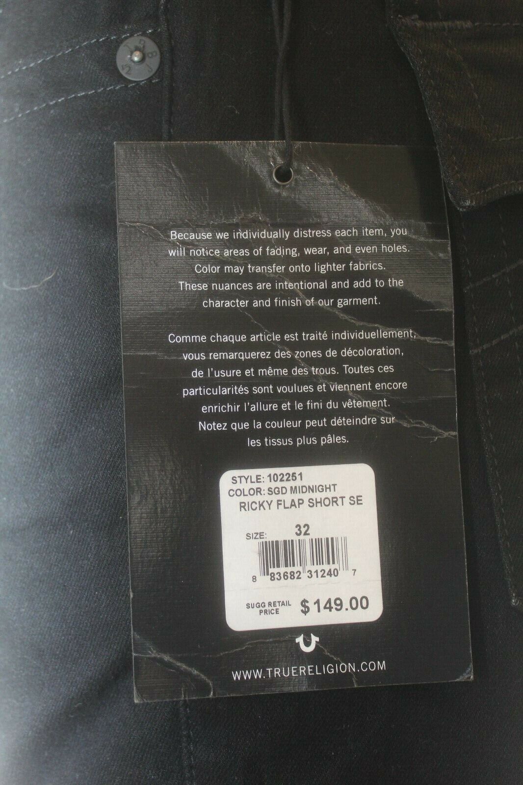 NWT 149 True Religion Mens Ricky Flap Short SE Black Size  32 Style 102261