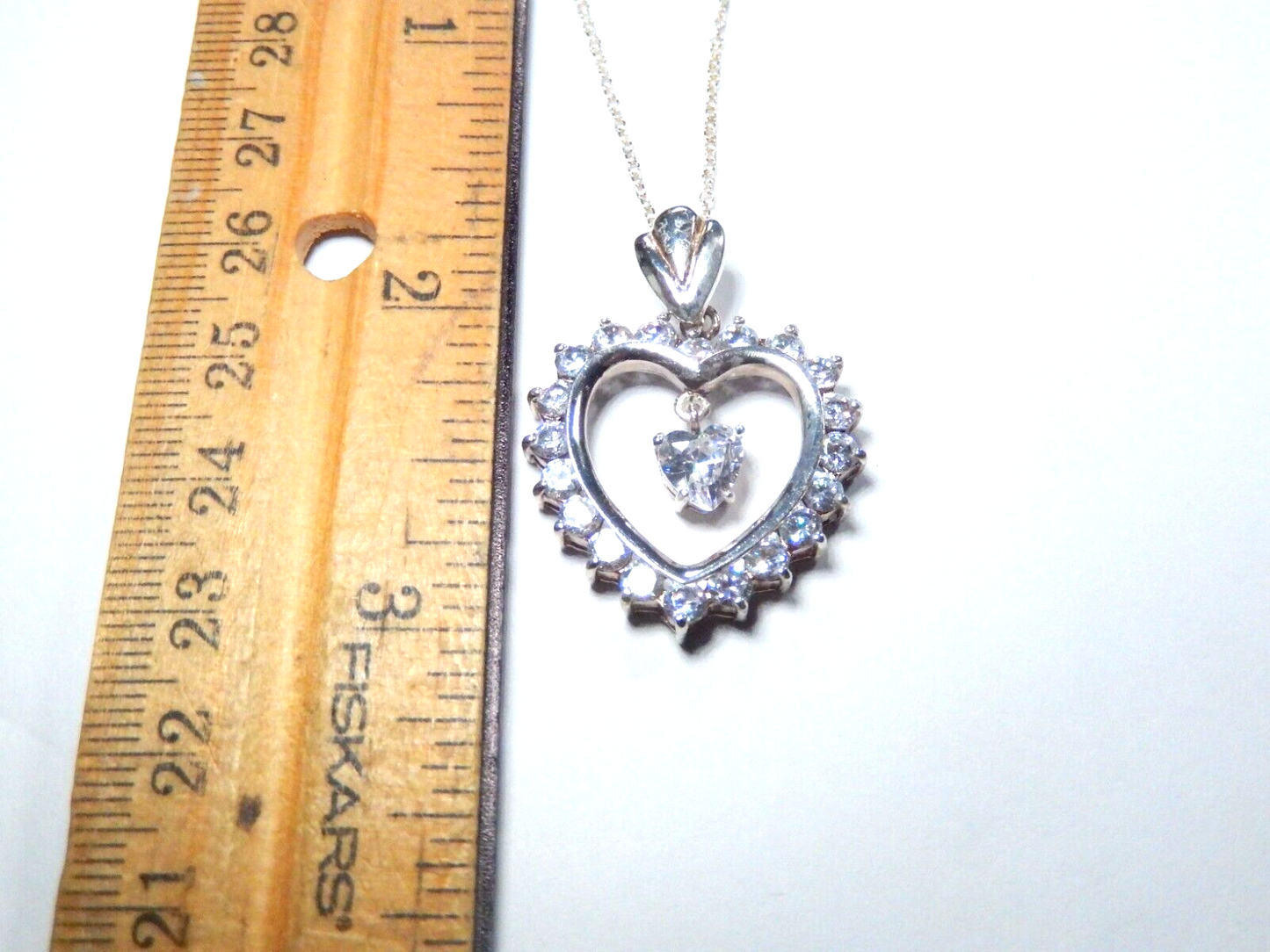 VINTAGE* Sterling Silver 3CT CZ Heart w/ CZ Solitaire Dangle Pendant w/18" Chain