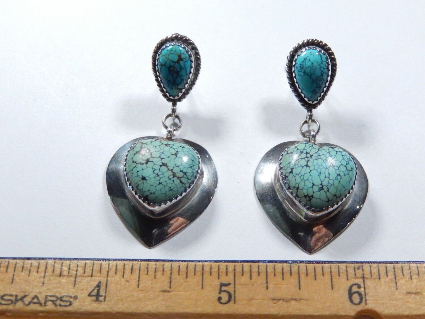 *VINTAGE*  LG Southwest Sterling Silver Turquoise Heart Dangle Earrings 2" Long