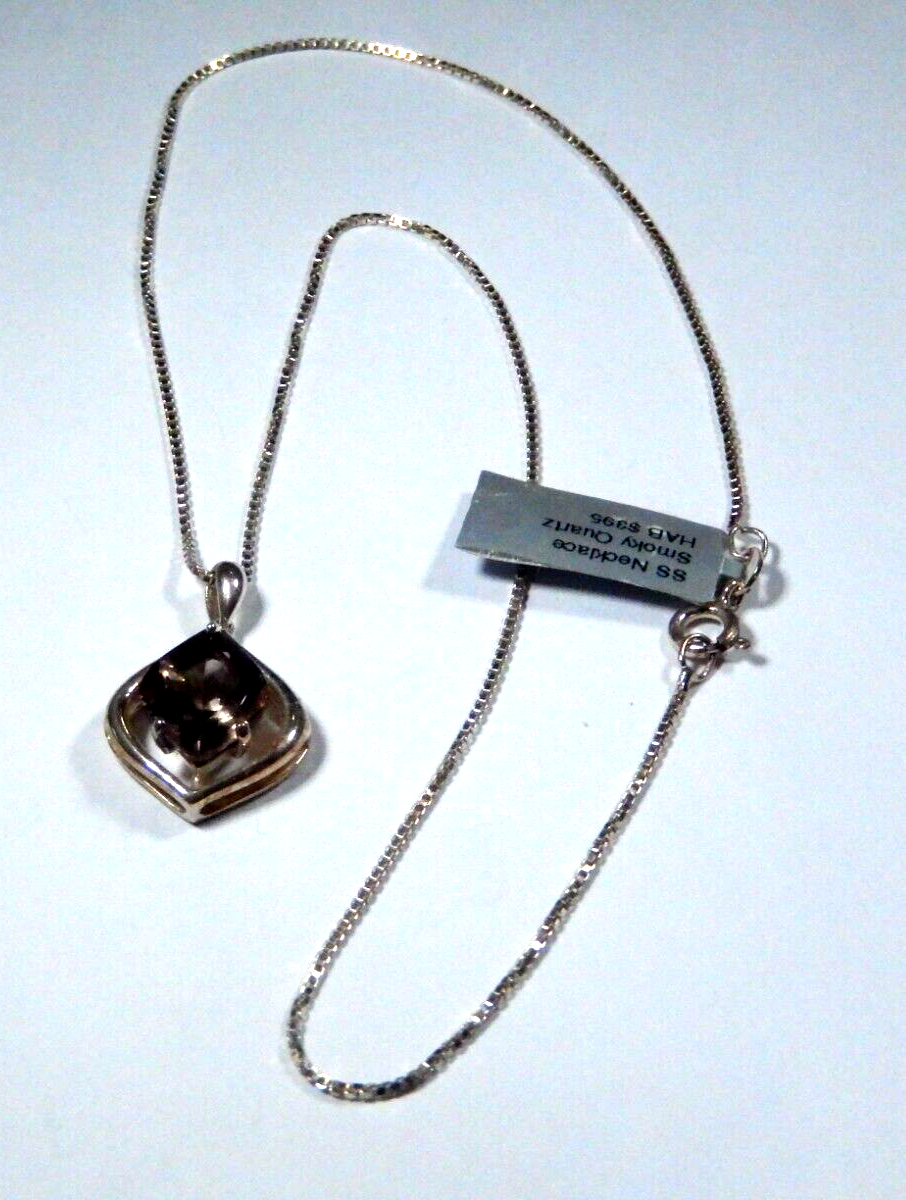 VINTAGE 925 Sterling Silver Real FancyCut Smoky Quartz Pendant w18 chain