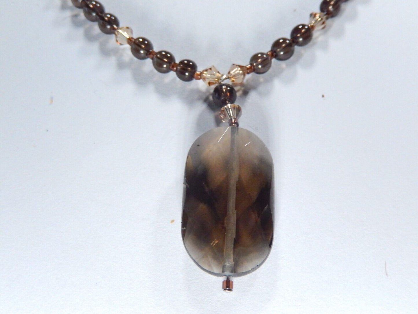 Sterling Silver Clasp Smoky Quartz Pendant with Beads Necklace 15" -17" Length