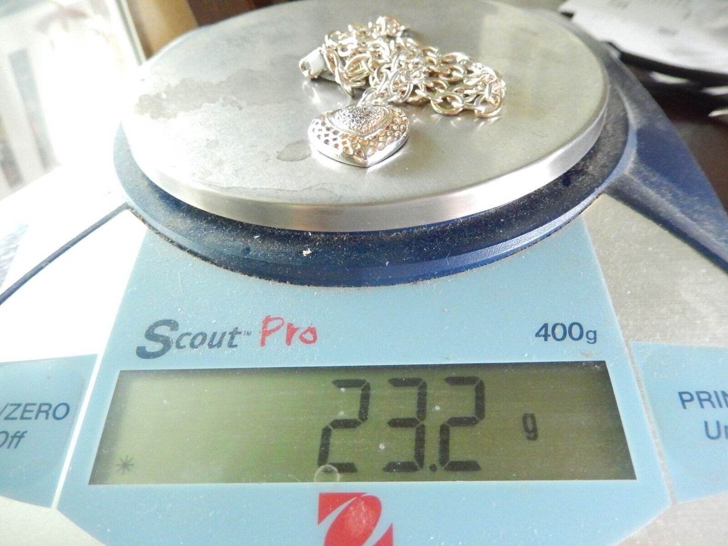 Sterling Silver Signed V 925 Diamond Cluster Heart Pendant w/Heavy Rolo Chain