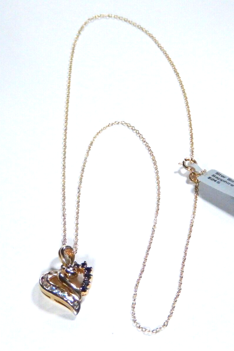 NEW Gold Vermeil 925 Sapphires  CZ Heart Pendant  with18 Vermeil Chain
