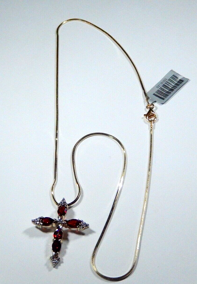 Vermeil Gold Over Sterling Silver GARNET  DIAMOND Cross Necklace w18 Chain