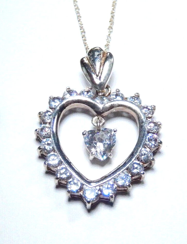 VINTAGE* Sterling Silver 3CT CZ Heart w/ CZ Solitaire Dangle Pendant w/18" Chain