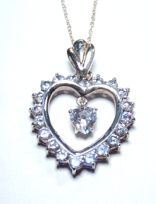 VINTAGE* Sterling Silver 3CT CZ Heart w/ CZ Solitaire Dangle Pendant w/18" Chain