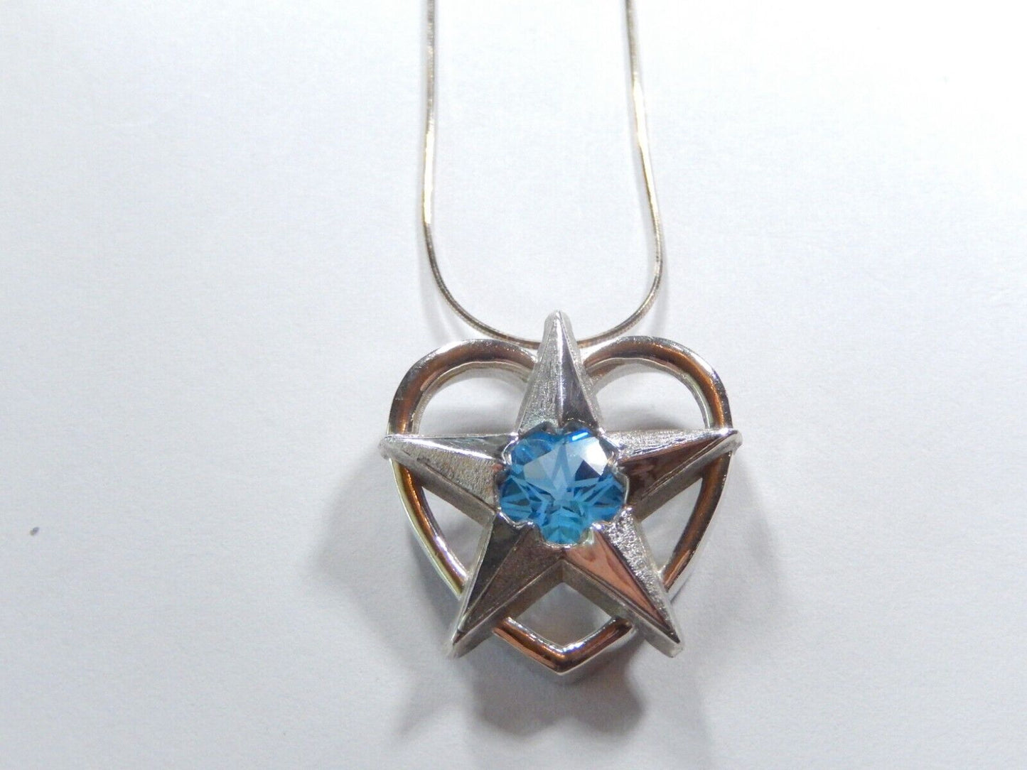 Texas Star & Heart Blue Topaz 925 Sterling Silver Pendant w/ 18" Sterling Chain