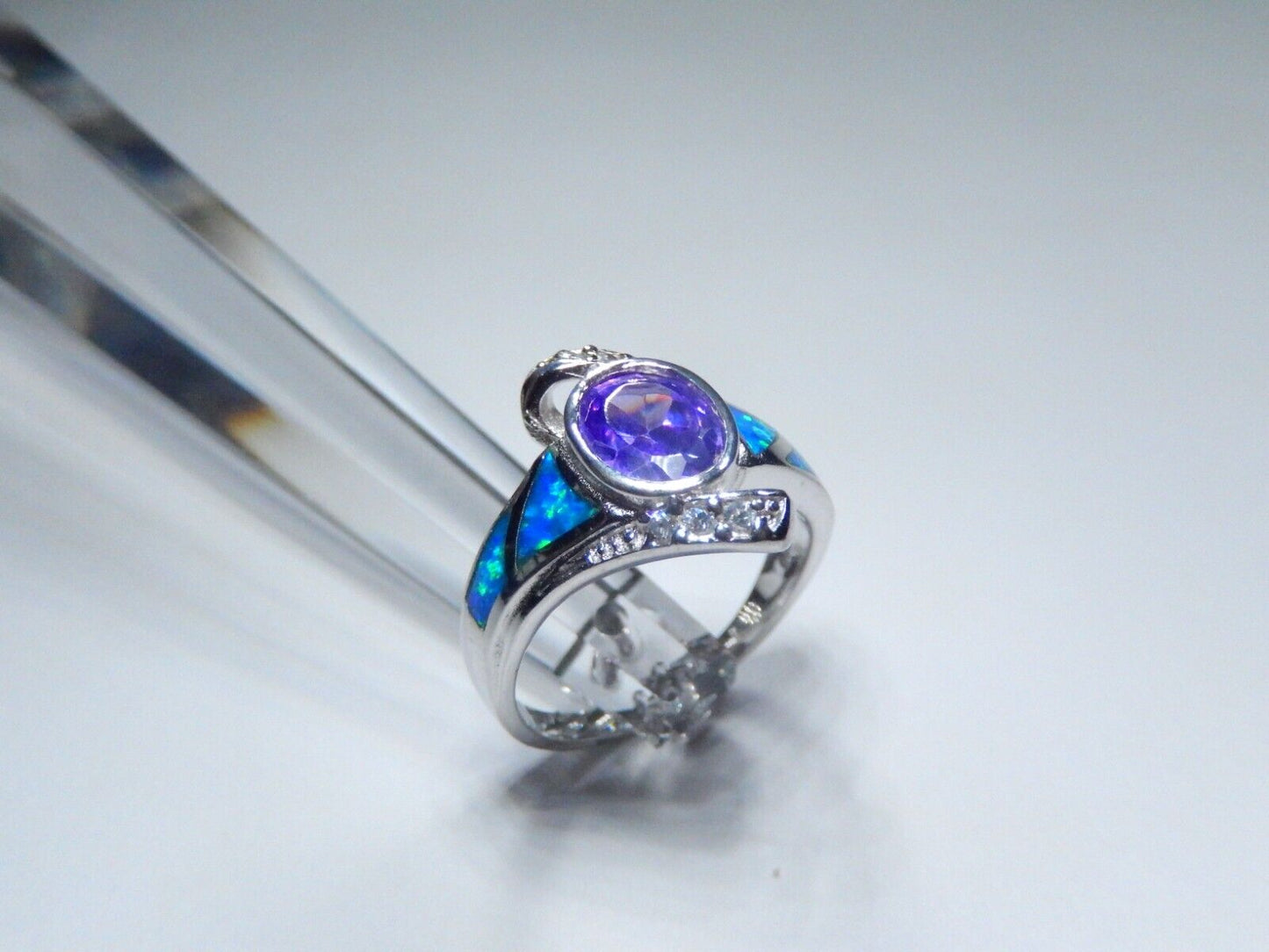 Amethyst & Blue Fire Opal Inlay with CZ Accents 925 Sterling Silver Ring sz 7