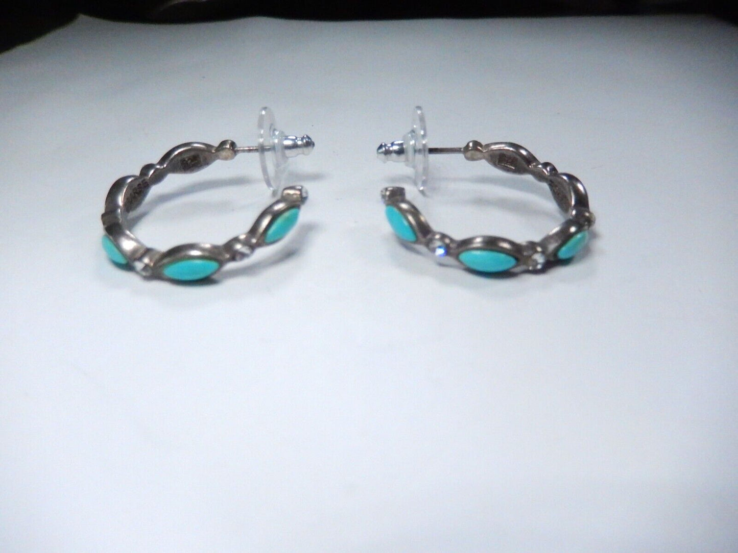 *VINTAGE*  BARSE Sterling Silver w/Turquoise & CZ Hoop Pierced Earrings