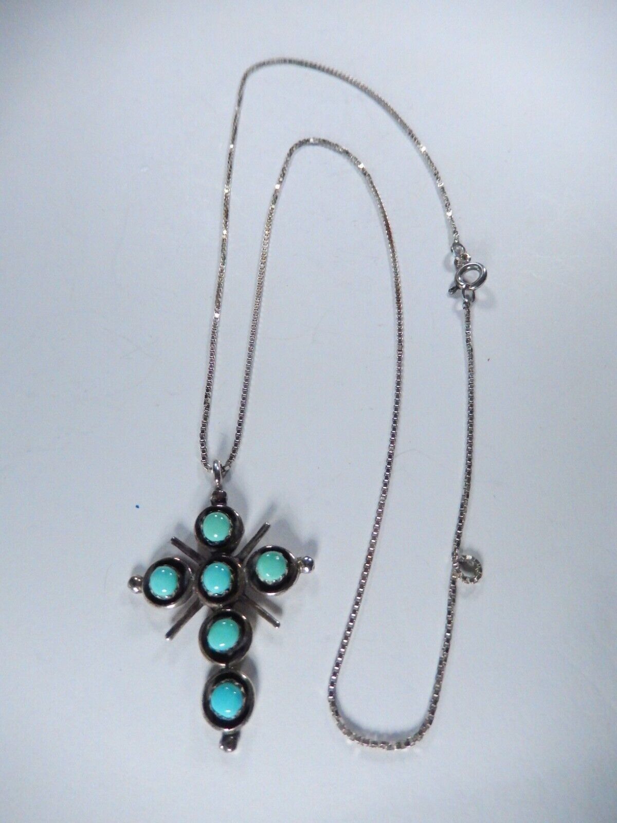 *VINTAGE*  Zuni Artist "HM" Sterling Silver Turquoise Cross Pendant w/20" Chain