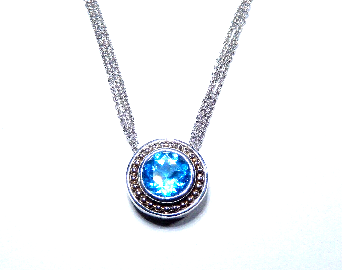 10mm RD Blue Topaz 14K Yellow Gold 925 Sterling Silver Pendant 3 Strand Necklace