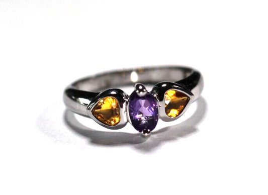 Sterling Silver Amethyst & Citrine 3-Stone Band Ring Size 5.75